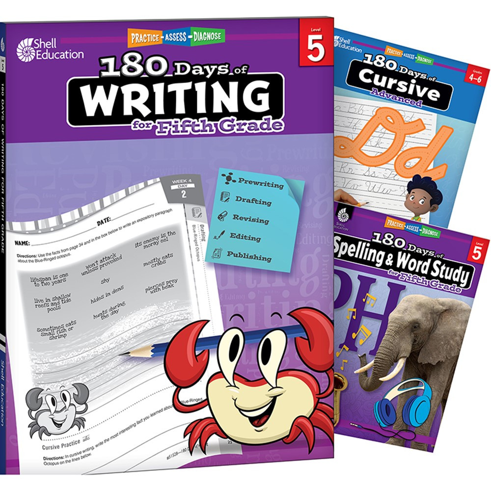 Picture of Shell Education SEP147664 Grade 5 180 Days Writing&#44; Spelling & Cursive Book - Set of 3