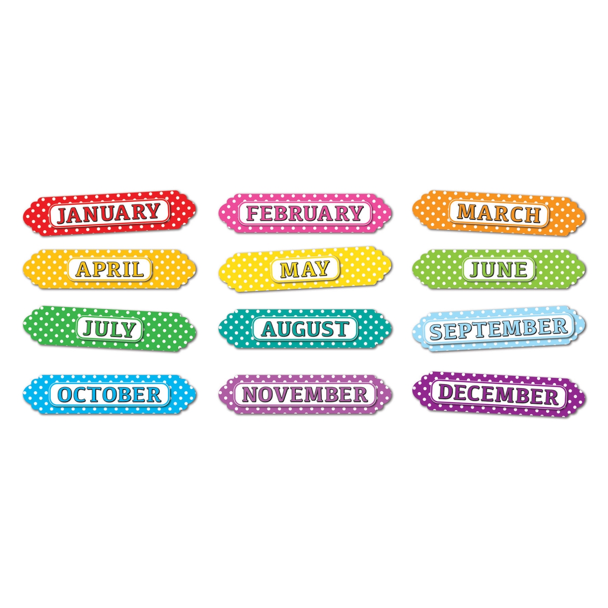 Picture of Ashley Productions ASH19024-6 Magnetic Die-Cut Timesavers & Labels Months of the Year Header&#44; White Polka Dots on Assorted Color - Pack of 6