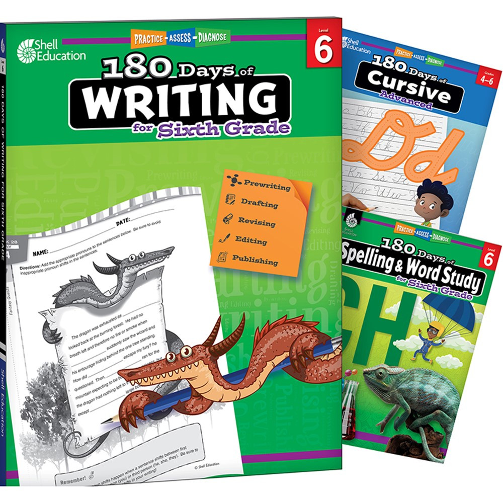 Picture of Shell Education SEP147665 Grade 6 180 Days Writing&#44; Spelling & Cursive Book - Set of 3