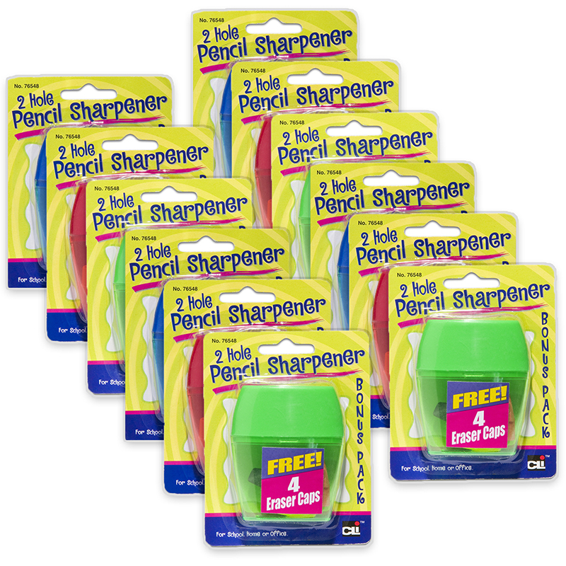 Charles Leonard CHL76548ST Two-Hole Pencil Sharpener with Catcher, Bonus Erasers, Assorted Colors - Set of 12