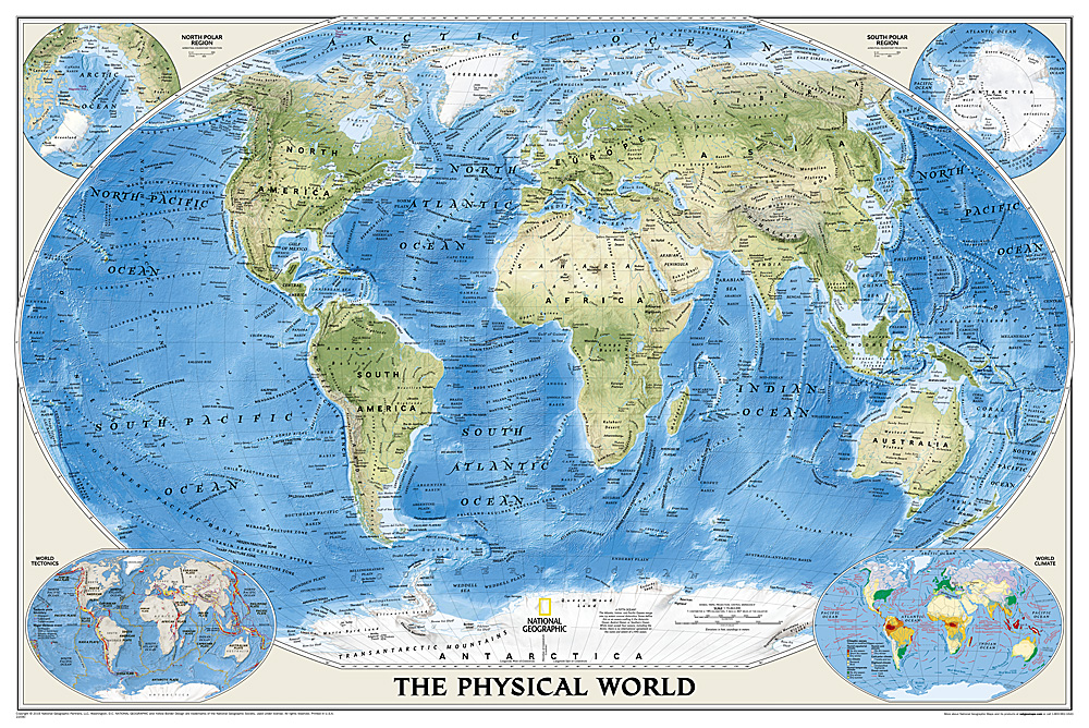 World Physical Map, Enlarged and Laminated, 69.25'' x 46.25''