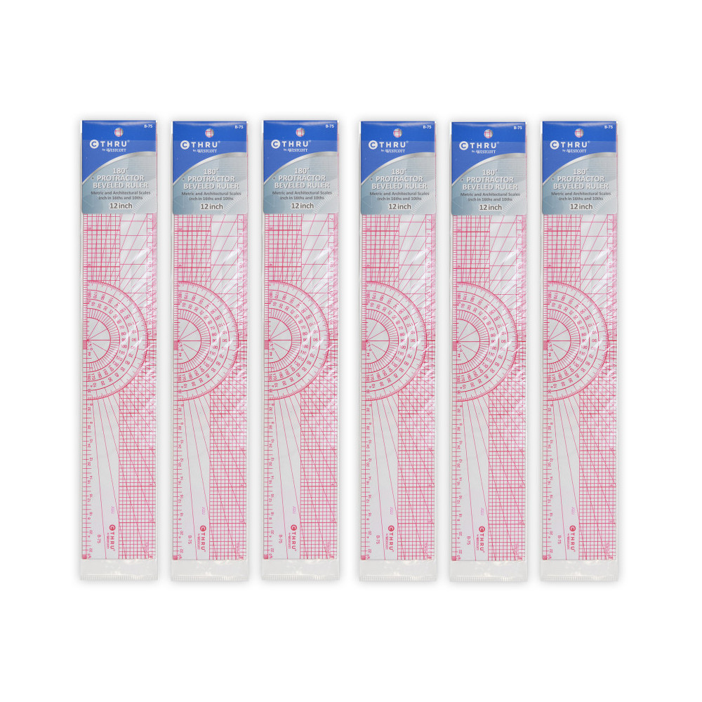 Acme United ACMB75-6 12 in. Beveled Protractor Ruler, Transparent - Pack of 6