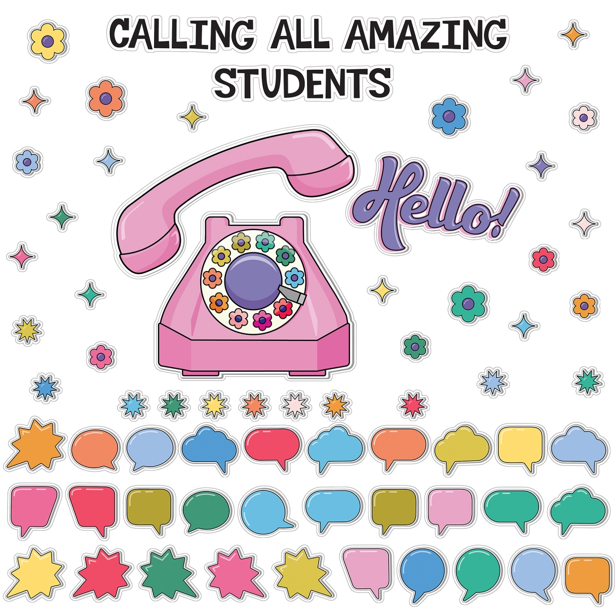 CD-110591 Happily Ever Elementary Retro Remix Hello Calling All Amazing Students Bulletin Board Set