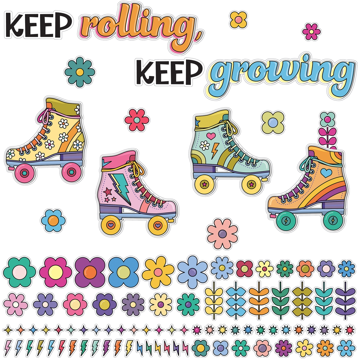 CD-110594 Happily Ever Elementary Retro Remix Keep Rolling Keep Growing Bulletin Board Set
