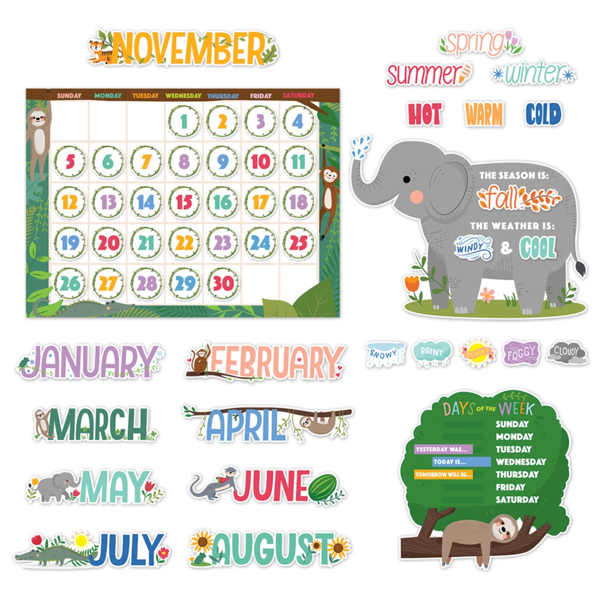 CTP10919 Jungle Friends Calendar Set Bulletin Board, Multicolor