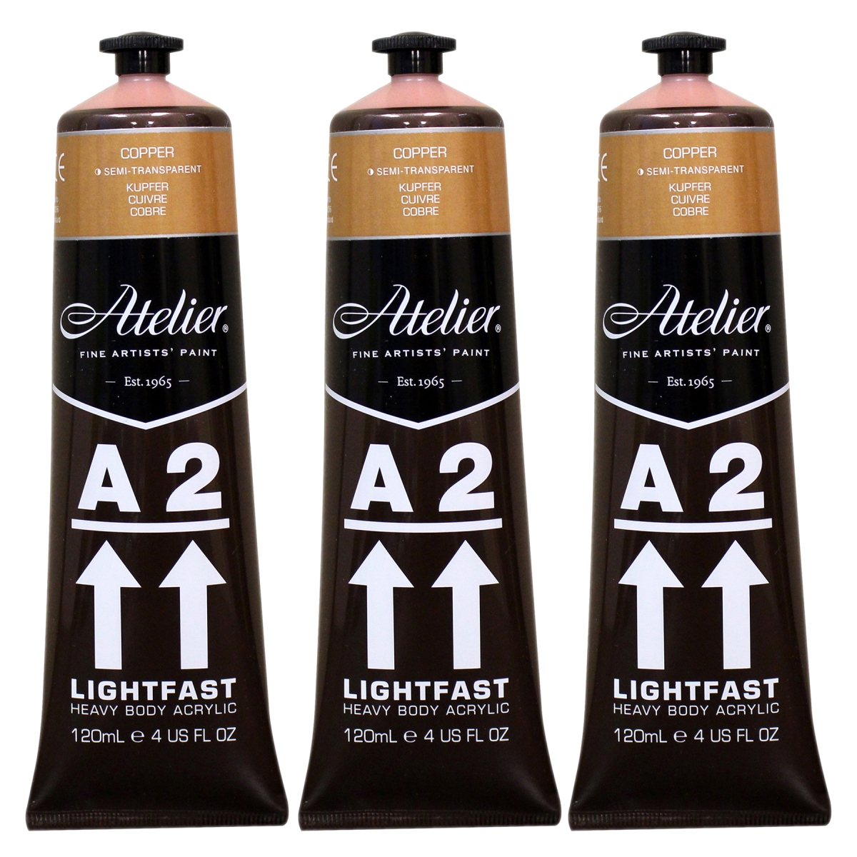 Chroma CRM833-3 A2 Heavy Body Lightfast Artist Atelier Acrylic Paint, Copper - Pack of 3