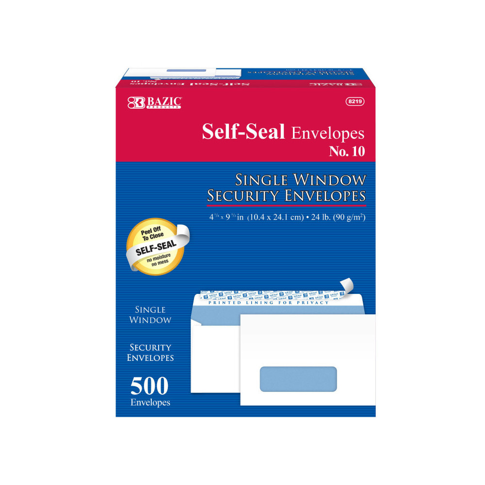 BAZ8219 Number10 Self-Seal Security Single Window Mail Envelopes - 500 Count