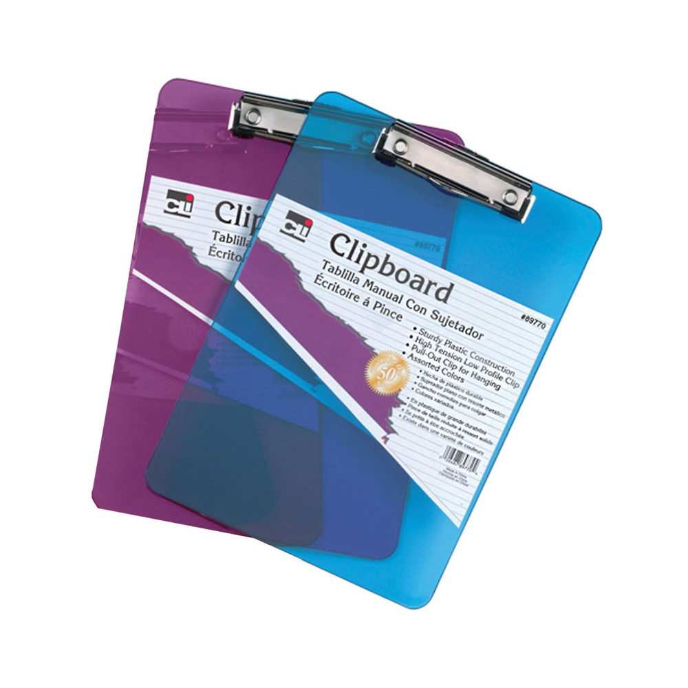 Advantus  Letter Size Charles Leonard Transparent Plastic Clipboard with Low Profile Clip & Pull Out Hook, Assorted Neon Color - Pack of 2