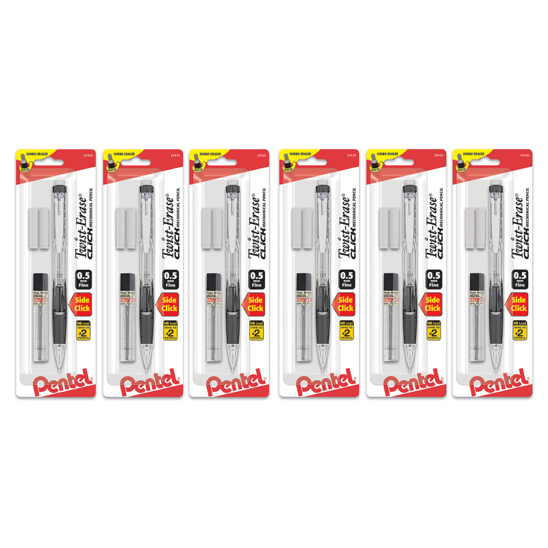 of America PENPD275TLEBP-6 0.5 mm Clear Barrel Twist-Erase Click Mechanical Pencil with Lead & 2 Erasers, Pack of 6
