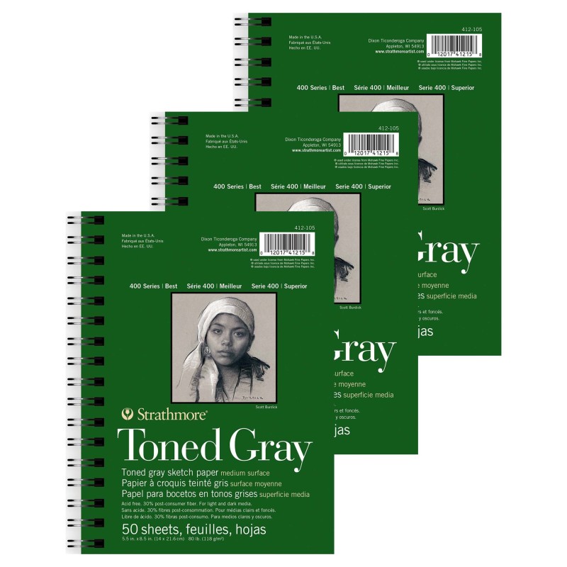 STTP412105-3 5.5 x 8.5 in. 400 Series Side Recycled Wire Binding Sketch Paper Pad, Toned Gray, 50 Sheet - Pack of 3