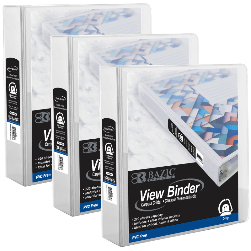 Bazic BAZ4170-3 1 in. PVC-Free Slant-D Ring View Binder with 4-Pockets, White - Pack of 3