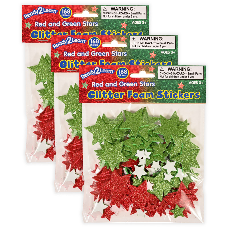 CE-10132-3 Stars Glitter Foam Stickers, Red & Green, 168 per Pack, Pack of 3