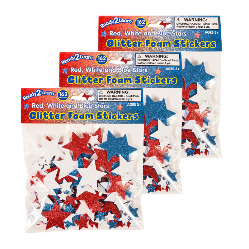 CE-10133-3 Stars Glitter Foam Stickers, Red, White & Blue, 162 per Pack, Pack of 3