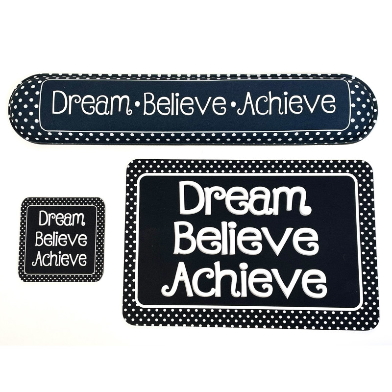 ASH12520 The Original Fun Dream Believe Achieve Computer Desk Mats, Black with White Dots - Set of 3