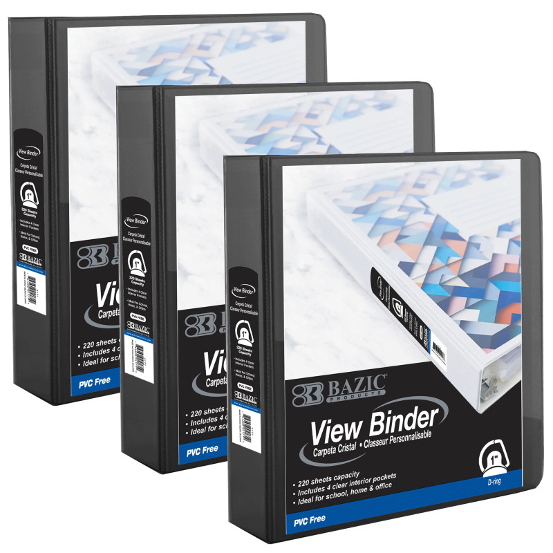 Bazic BAZ4171-3 1 in. PVC-Free Slant-D Ring View Binder with 4-Pockets, Black - Pack of 3