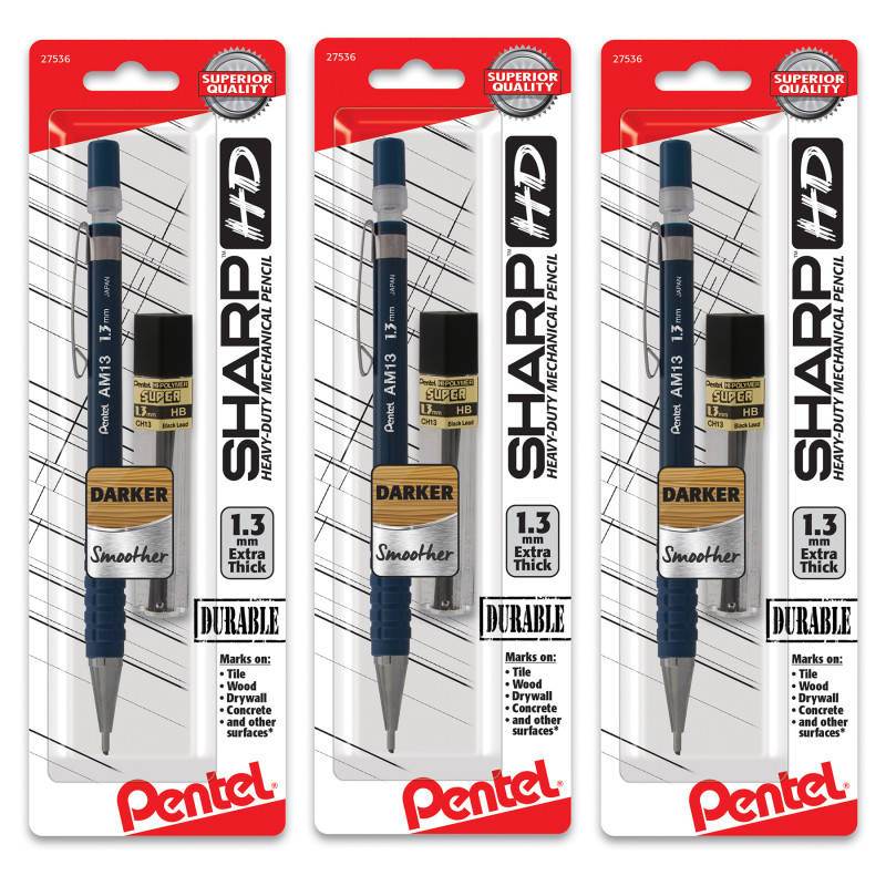 of America PENAM13LBP-3 1.3 mm Sharp HD Mechanical Pencil, Dark Blue Barrel - Super Hi-Polymer Lead Refill - Pack of 3
