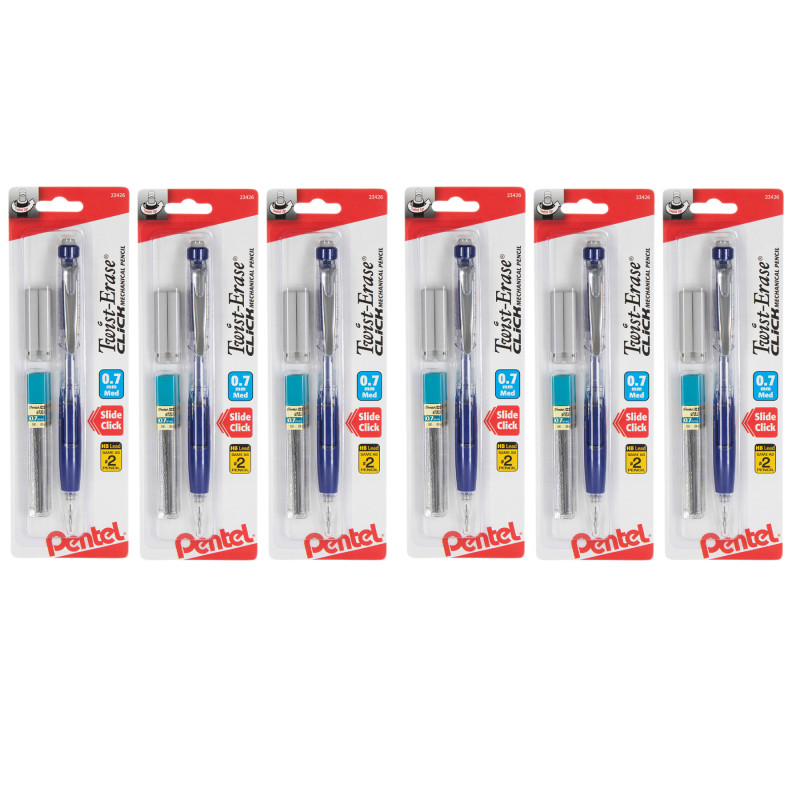 of America PENPD277TLEBP-6 0.7 mm Clear Barrel Twist-Erase Click Mechanical Pencil with Lead & 2 Erasers, Pack of 6