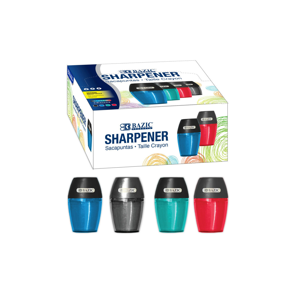 BAZ1949-24 Axel Pencil Sharpener with Receptacle - Manual Sharpener, Assorted Color