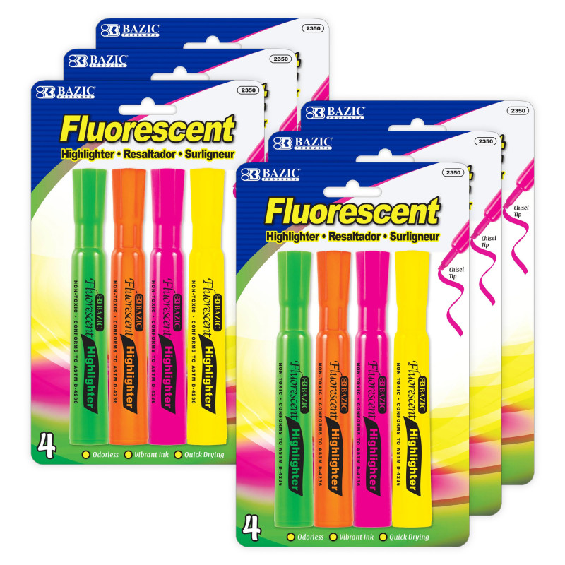BAZ2350-6 Desk Style Fluorescent Highlighters, Assorted Color