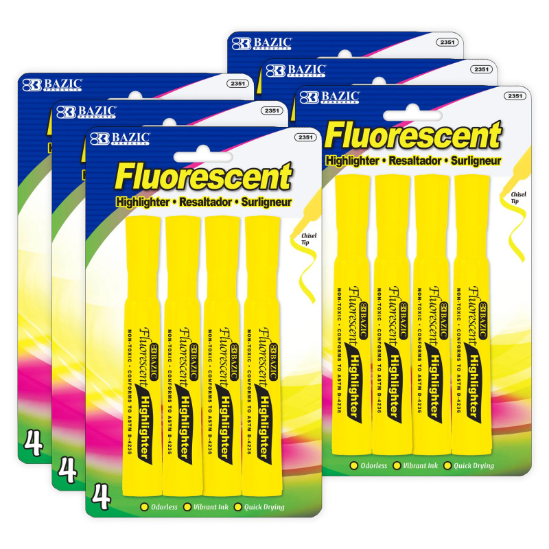 BAZ2351-6 Desk Style Fluorescent Highlighters, Yellow