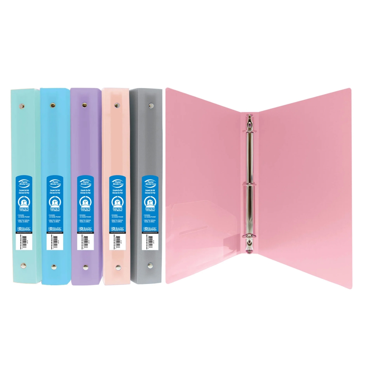 BAZ3127-6 1 in. Pastel Poly 3 Ring Binder with Pocket, Assorted Color - Pack of 6