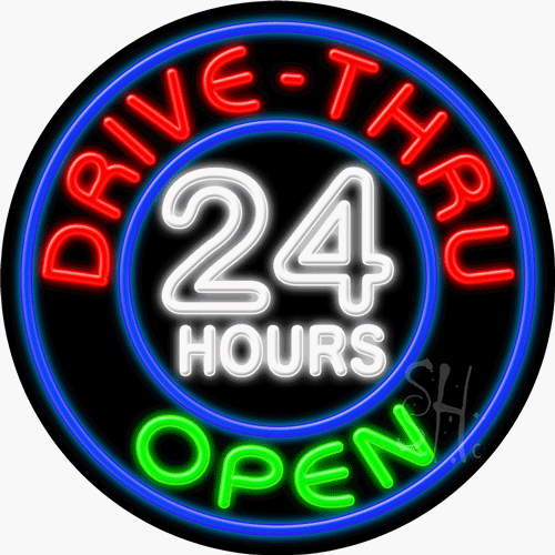 N102-1006-clear 26 x 26 in. Drive Thru Open 24 Hours Clear Backing Neon Sign - Multicolor