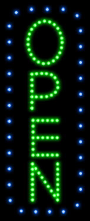 Everything Neon  Open Vertical Blue Border and Green Letters Animated LED Sign 27" Tall x 11" Wide x 1" Deep
