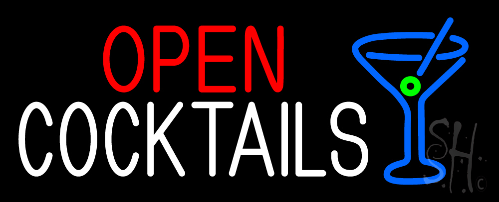 N105-15814-clear Open with Cocktail Glass Clear Backing Neon Sign - Red, White, Blue & Green - 13 in. Tall x 32 in. Wide
