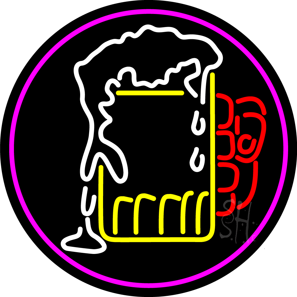 N105-15844-clear Overflowing Cold Beer Mug Oval with Pink Border Clear Backing Neon Sign - Pink, White & Yellow - 26 in. Tall x 26 in. Wide