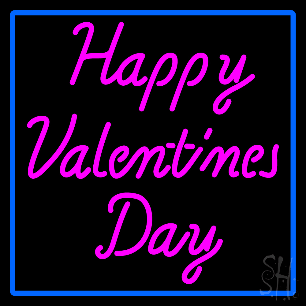 N105-15877-clear Pink Cursive Happy Valentines Day with Blue Border Clear Backing Neon Sign - Blue & Pink - 24 in. Tall x 24 in. Wide