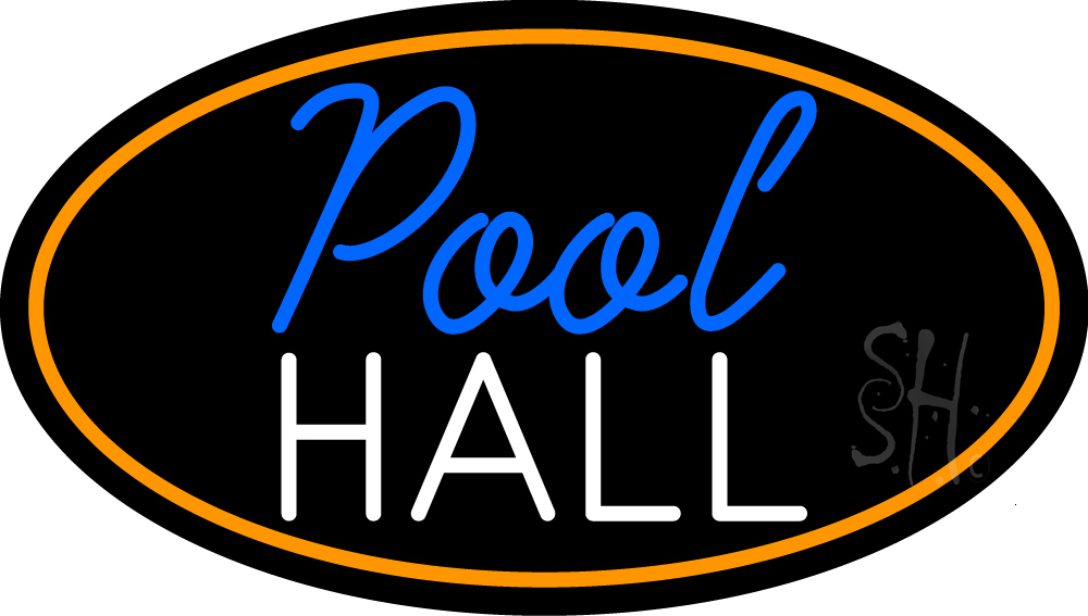 Pool Hall Oval with Orange Border Clear Backing Neon Sign - Orange, Blue & White - 17 in. Tall x 30 in. Wide