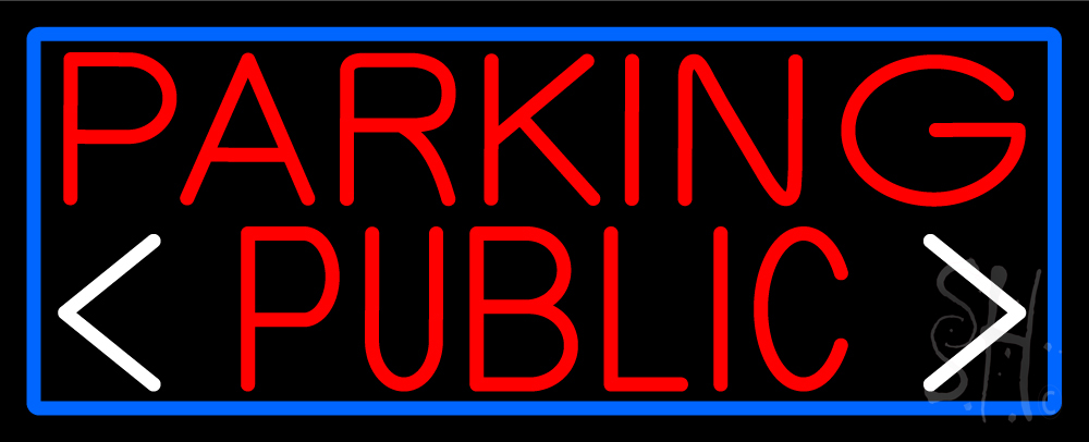 Red Public Parking & Arrow with Blue Border Clear Backing Neon Sign - Blue, Red & White - 13 in. Tall x 32 in. Wide