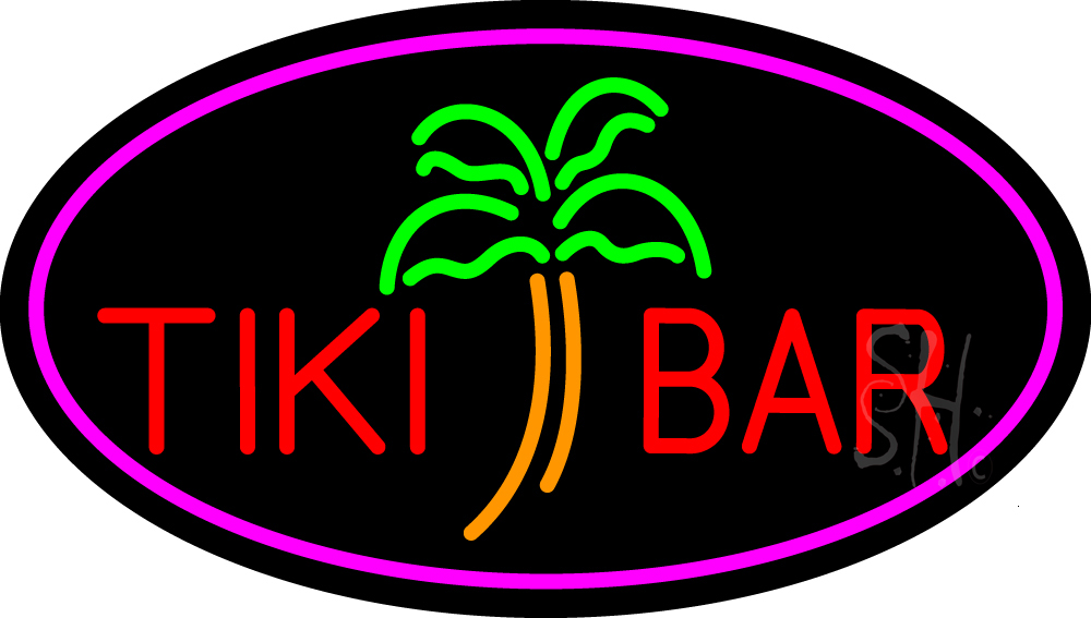 N105-16234-clear Tiki Bar Palm Tree Oval with Pink Border Clear Backing Neon Sign - Pink, Red, Green & Orange - 17 in. Tall x 30 in. Wide
