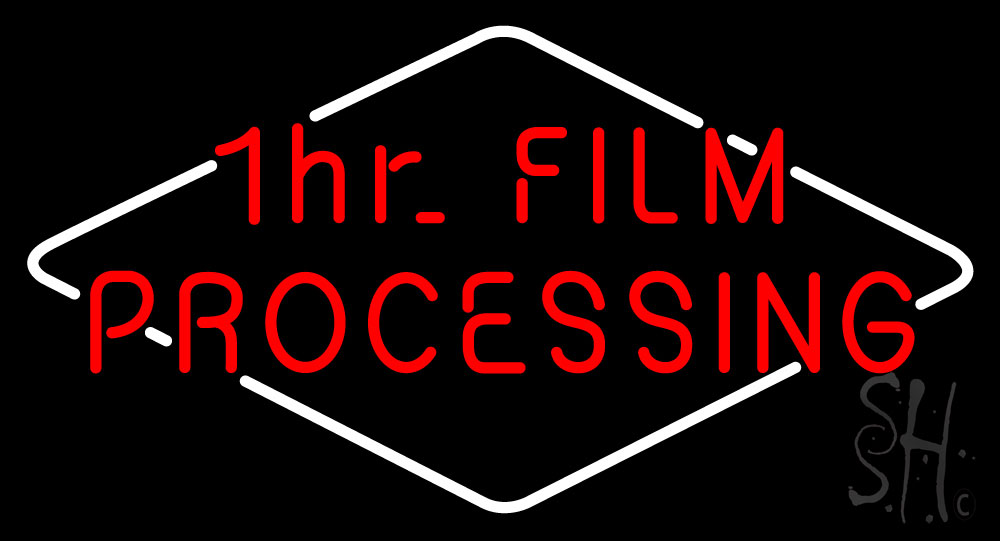 N105-20017-clear 1hr Film Processing Clear Backing Neon Sign - Red & White - 20 in. Tall x 37 in. Wide