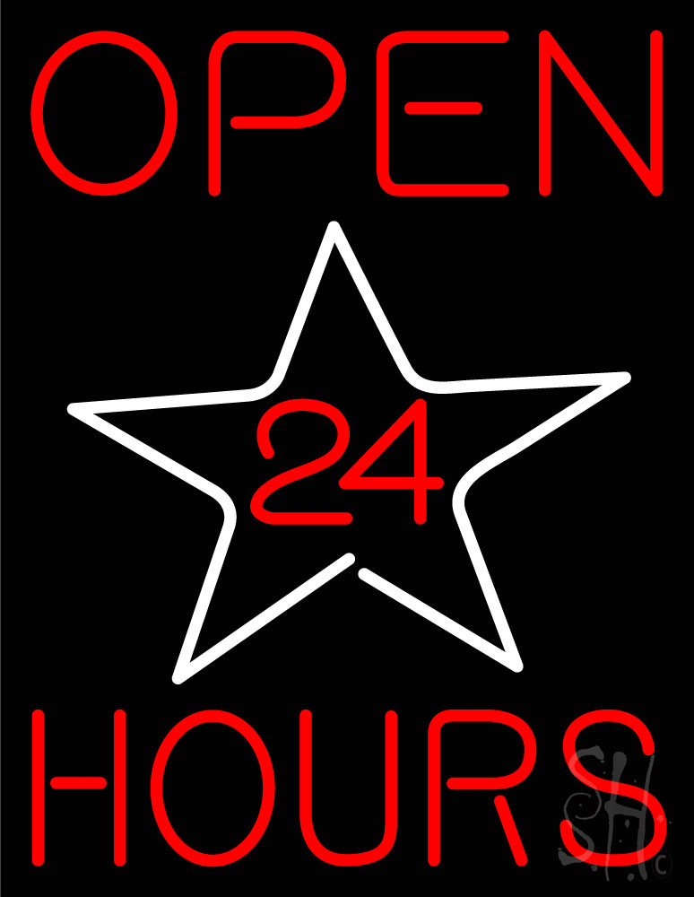 N105-20243-clear Open 24 Hours Star Clear Backing Neon Sign - Red & White - 31 in. Tall x 24 in. Wide