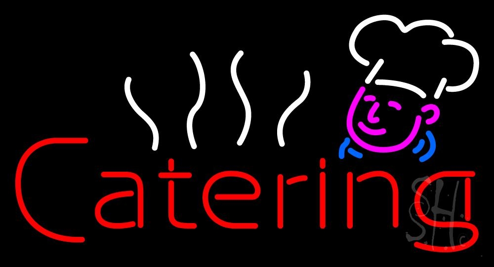 N105-2036-clear Red Catering with Chef Logo Clear Backing Neon Sign - White, Blue, Pink & Red - 20 in. Tall x 37 in. Wide
