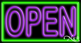 N100-06379-clear Double Stroke Purple Open with Green Border Clear Backing Neon Sign - Purple & Green - 20 in. Tall x 37 in. Wide