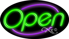 N100-06401-clear Green Open with Purple Border Oval Animated Clear Backing Neon Sign - Green & Purple - 17 in. Tall x 30 in. Wide