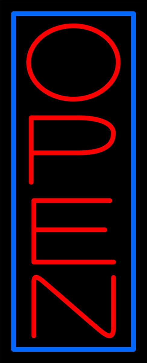 N100-06434-clear Red Open with Blue Border Vertical Clear Backing Neon Sign - Red & Blue - 32 in. Tall x 13 in. Wide