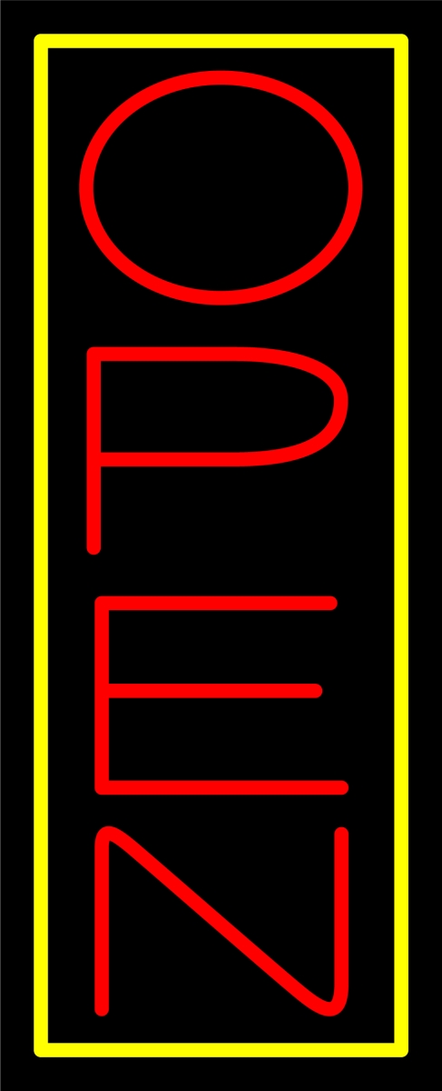 N100-06439-clear Red Open with Yellow Border Vertical Clear Backing Neon Sign - Red & Yellow - 32 in. Tall x 13 in. Wide