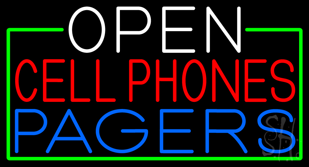 Open Cell Phones Pagers with Green Border Clear Backing Neon Sign - Red, White, Blue & Green - 20 in. Tall x 37 in. Wide