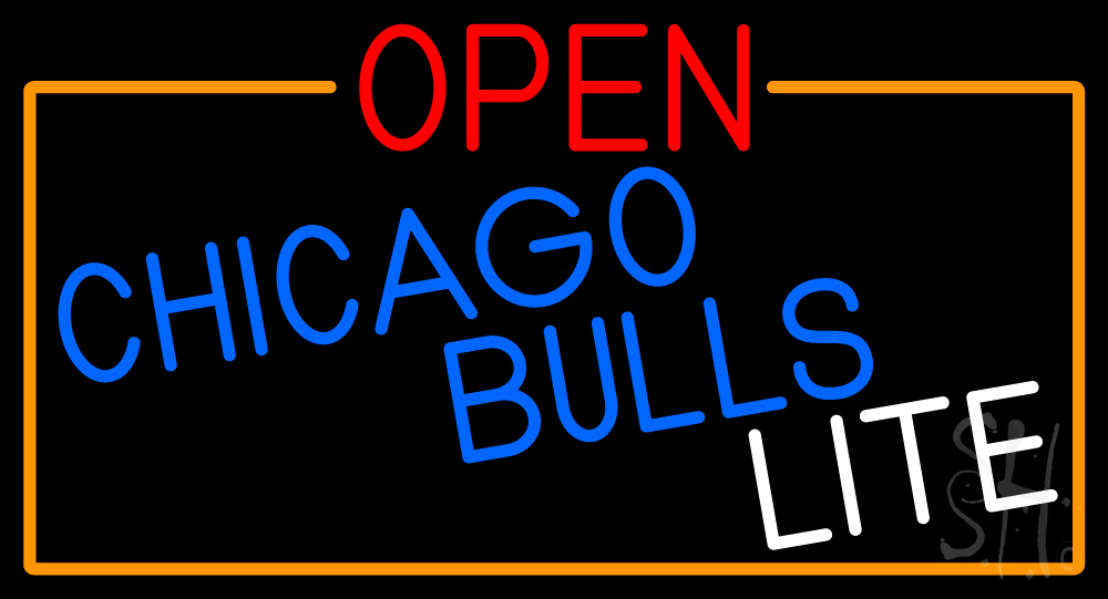 Open Chicago Bulls Lite with Orange Border Clear Backing Neon Sign - Red, Blue, White & Orange - 20 in. Tall x 37 in. Wide