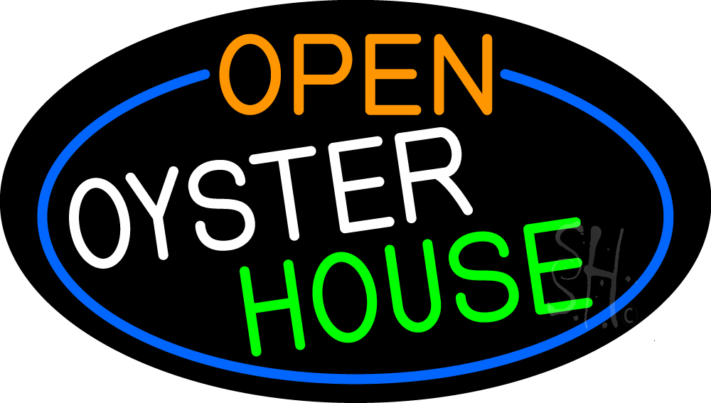 Open Oyster House Oval with Blue Border Clear Backing Neon Sign - Blue, Orange, White & Green - 17 in. Tall x 30 in. Wide