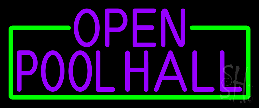 N105-16864-clear Purple Open Pool Hall with Green Border Clear Backing Neon Sign - Green & Purple - 10 in. Tall x 24 in. Wide