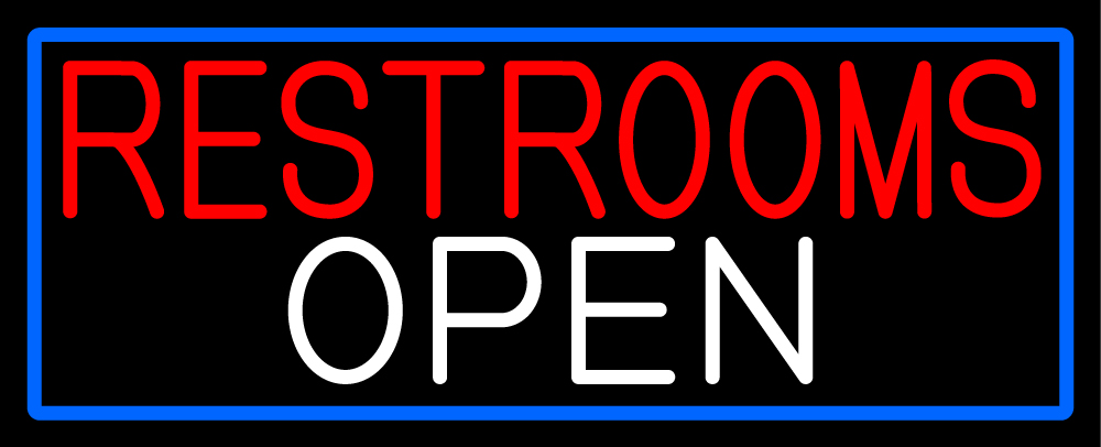 Restrooms Open with Blue Border Clear Backing Neon Sign - Red, White & Blue - 13 in. Tall x 32 in. Wide