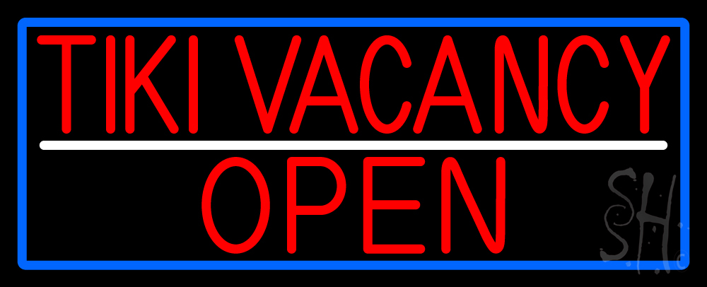 N105-16932-clear Tiki Vacancy Open with Blue Border Clear Backing Neon Sign - Blue, Red & White - 13 in. Tall x 32 in. Wide