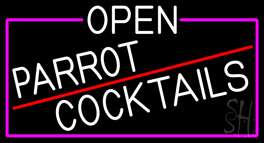 N105-17047-clear White Open Parrot Cocktails with Pink Border Clear Backing Neon Sign - Pink, White & Red - 20 in. Tall x 37 in. Wide