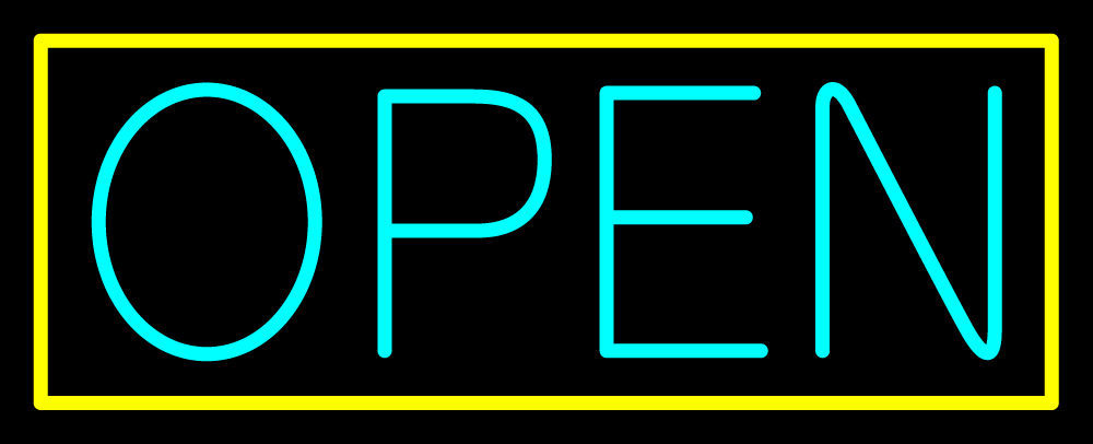 N100-06334-clear Aqua Open with Yellow Border Clear Backing Neon Sign - Turquoise & Yellow - 13 in. Tall x 32 in. Wide