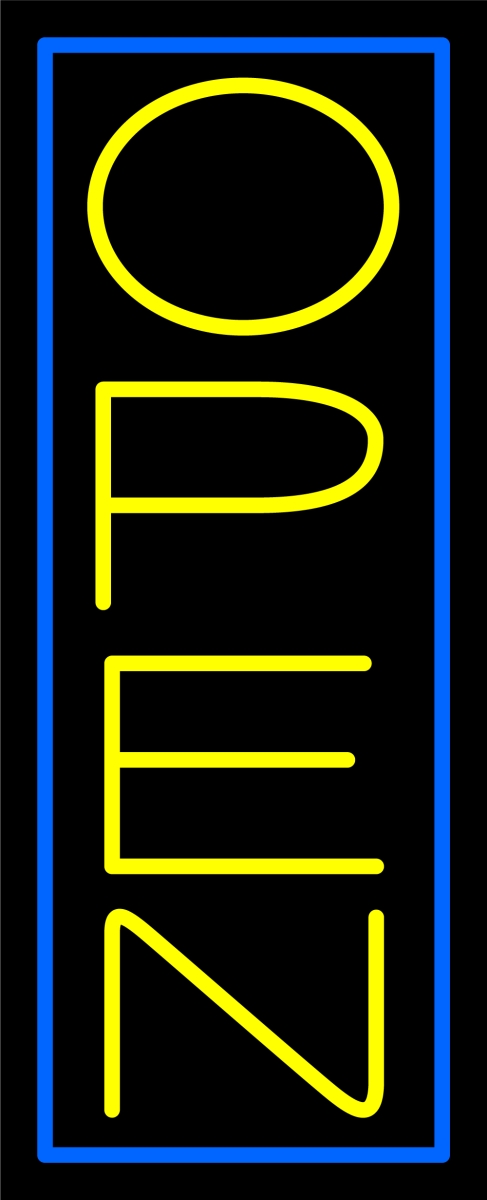 N100-06458-clear Yellow Open with Blue Border Vertical Clear Backing Neon Sign - Yellow & Blue - 32 in. Tall x 13 in. Wide