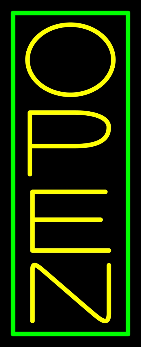 N100-06460-clear Yellow Open with Green Border Vertical Clear Backing Neon Sign - Yellow & Green - 32 in. Tall x 13 in. Wide